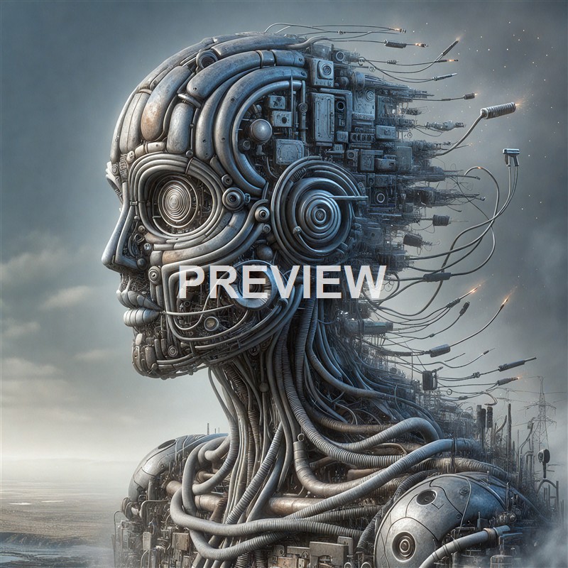 A highly detailed and futuristic sculpture of a human head made from various metallic and electronic components, with wires and circuits extending from the back, set against a cloudy sky.